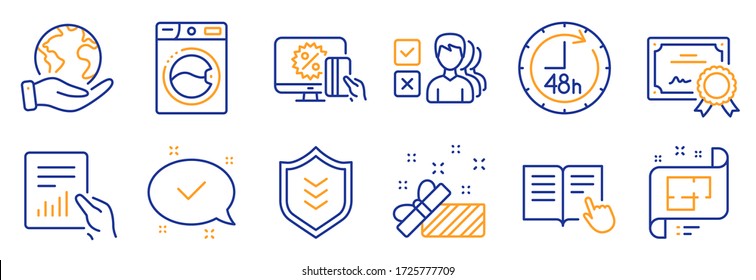 Set of Business icons, such as Shield, Washing machine. Certificate, save planet. 48 hours, Read instruction, Opinion. Online shopping, Architectural plan, Approved. Vector