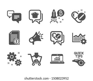 Set of Business icons, such as Shopping, Megaphone, Medical drugs, Cooking hat, Work, Operational excellence, Bitcoin project, Online statistics, Tutorials, Financial documents. Shopping icon. Vector