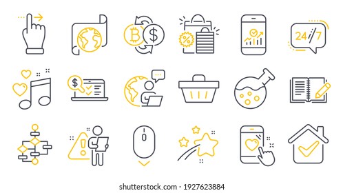 Set of Business icons, such as Shopping basket, Heart rating, Love music symbols. Chemistry lab, Online accounting, 24h service signs. Block diagram, Feedback, Translation service. Vector