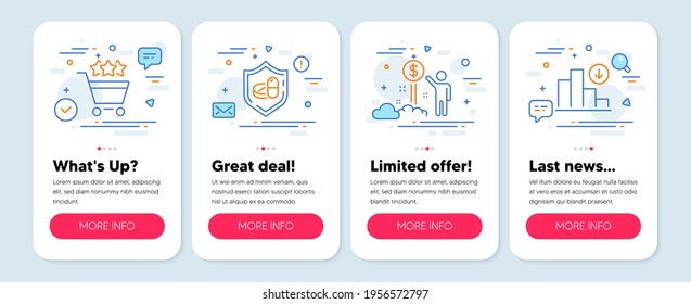 Set of Business icons, such as Shopping rating, Medical tablet, Income money symbols. Mobile screen app banners. Decreasing graph line icons. Supermarket stars, Medicine pill, Wealth. Vector