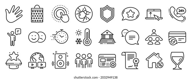 Set Of Business Icons, Such As Shopping Bag, Video Conference, Court Building Icons. Text Message, Favorite, Swipe Up Signs. Hand, Group, Like. Timer, Interview Job, Agent. Security. Vector