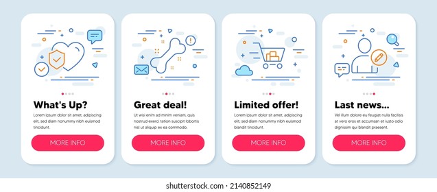 Set of Business icons, such as Shopping cart, Dog bone, Life insurance symbols. Mobile screen mockup banners. Edit user line icons. Online buying, Pets food, Risk coverage. Profile data. Vector