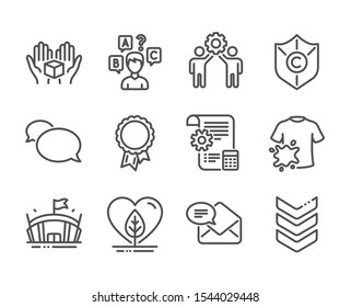 Set of Business icons, such as Shoulder strap, Copyright protection, Employees teamwork, New mail, Quiz test, Settings blueprint, Local grown, Arena, Dirty t-shirt, Messenger, Success. Vector