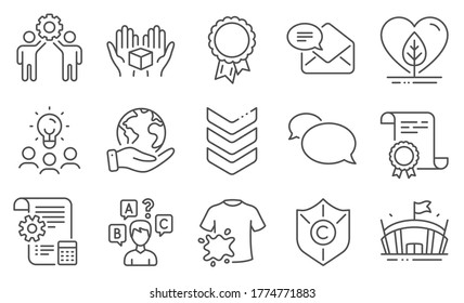 Set of Business icons, such as Shoulder strap, Copyright protection. Diploma, ideas, save planet. Employees teamwork, New mail, Quiz test. Settings blueprint, Local grown, Arena. Vector