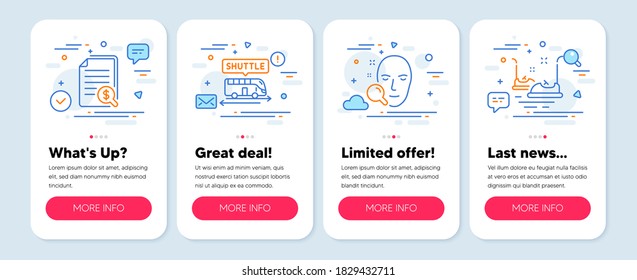 Set Of Business Icons, Such As Shuttle Bus, Face Search, Financial Documents Symbols. Mobile App Mockup Banners. Bumper Cars Line Icons. Terminal Transfer, Find User, Check Docs. Carousels. Vector