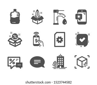 Set Of Business Icons, Such As Skyscraper Buildings, Confirmed, File Management, Startup, Sale, Chat, Cooler Bottle, Augmented Reality, Discounts, Phone Payment, Tap Water, Weather Phone. Vector