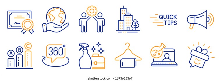 Set of Business icons, such as Skyscraper buildings, Smile. Certificate, save planet. Graph chart, Employees teamwork, Clean towel. 360 degree, Cleanser spray, Education. Vector