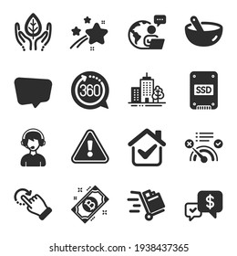 Set of Business icons, such as Skyscraper buildings, Push cart, Chat message symbols. Vector
