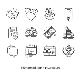 Set of Business icons, such as Smartphone recovery, Christmas calendar, Bitcoin, Startup, Skyscraper buildings, Architectural plan, Clown, Smile, Messenger, Loan percent, Heart, Ole chant. Vector