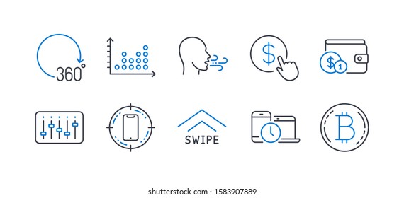Set of Business icons, such as Smartphone target, Swipe up, Time management, Dj controller, Buying accessory, Buy currency, Breathing exercise, Dot plot, 360 degrees, Bitcoin line icons. Vector
