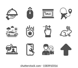 Set of Business icons, such as Smartphone repair, Swipe up, Couple, Online chemistry, Animal tested, Upload, Touchscreen gesture, Sale, Loyalty star, Airplane, Restaurant food, Car travel. Vector