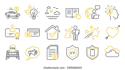 Set of Business icons, such as Smartphone protection, Payment method, Travel sea symbols. Eco energy, Love, Car parking signs. Megaphone, Idea, Certificate. Usa close borders line icons. Vector