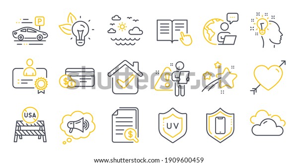 Set of Business icons, such as Smartphone\
protection, Payment method, Travel sea symbols. Eco energy, Love,\
Car parking signs. Megaphone, Idea, Certificate. Usa close borders\
line icons. Vector