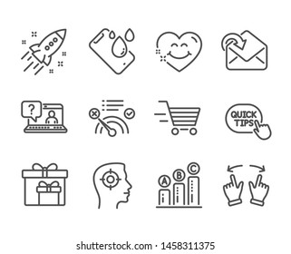 Set Of Business Icons, Such As Smile Face, Smartphone Waterproof, Delivery Boxes, No Internet, Faq, Delivery Shopping, Receive Mail, Recruitment, Graph Chart, Move Gesture, Startup Rocket. Vector