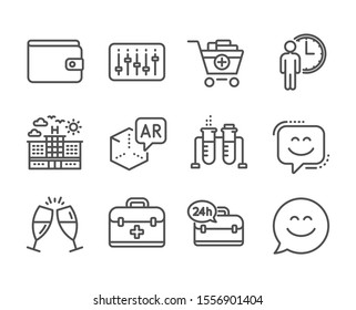 Set of Business icons, such as Smile face, Add products, Champagne glasses, Hotel, Money wallet, First aid, Smile chat, Augmented reality, Waiting, 24h service, Dj controller line icons. Vector