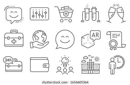 Set of Business icons, such as Smile face, Add products. Diploma, ideas, save planet. Champagne glasses, Hotel, Money wallet. First aid, Smile chat, Augmented reality. Vector
