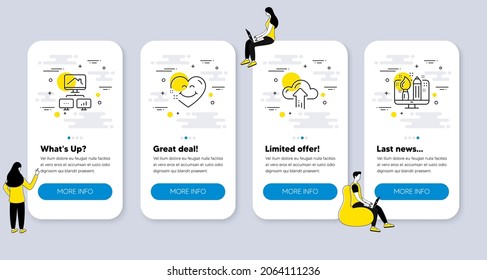 Set of Business icons, such as Smile face, Cloud upload, Work home icons. UI phone app screens with people. Creative design line symbols. Love heart, File storage, Freelance work. Designer. Vector