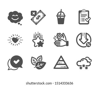 Set of Business icons, such as Snow weather, Ranking stars, Coffee cocktail, Heart, Smile chat, Pyramid chart, Organic tested, Loan percent, Rejected payment, Approved checklist, Approved. Vector
