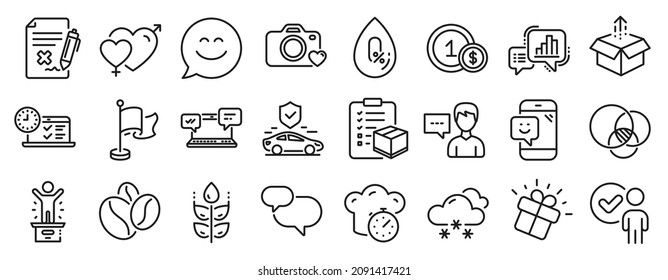 Set of Business icons, such as Snow weather, Smile chat, Winner podium icons. Male female, Gift, Verification person signs. Graph chart, Send box, Flag. Smile, Photo camera, No alcohol. Vector