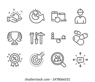 Set of Business icons, such as Spanner tool, Capsule pill, Discount, Balance, Recovery devices, Sunny weather, Search employees, Engineer, Winner, Targeting, Share idea, Sms line icons. Vector
