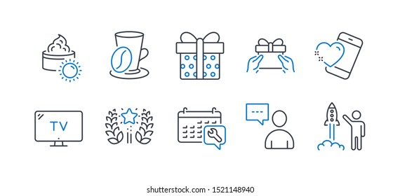 Set of Business icons, such as Spanner, Coffee cup, Ranking, Sun cream, Tv, Gift box, Users chat, Heart, Give present, Launch project line icons. Repair service, Latte drink. Line spanner icon. Vector