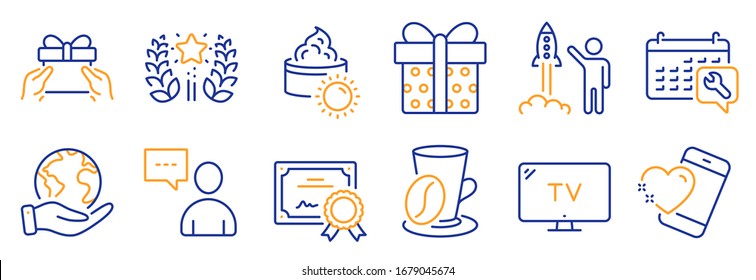 Set of Business icons, such as Spanner, Coffee cup. Certificate, save planet. Ranking, Sun cream, Tv. Gift box, Users chat, Heart. Give present, Launch project line icons. Vector