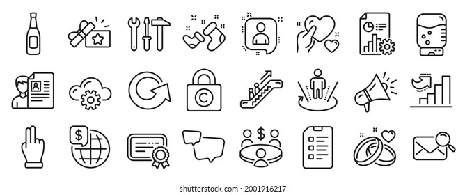 Juego de iconos de Business, como la herramienta de Spanner, Click hand, Reload iconos. Gráfico de crecimiento, etiqueta de derechos de autor, signos de certificado. Correo de búsqueda, Regalo de Lealtad, Escalador. Realidad aumentada, Encuentro. Vector