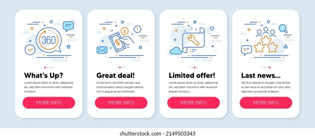 Set of Business icons, such as Spanner, Payment method, 360 degrees symbols. Mobile screen banners. Business meeting line icons. Repair service, Give money, Full rotation. Rating star. Vector