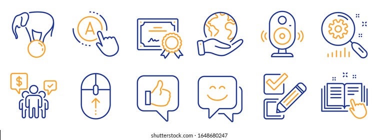 Set of Business icons, such as Speaker, Checkbox. Certificate, save planet. Teamwork, Technical documentation, Elephant on ball. Smile face, Search statistics, Like. Vector