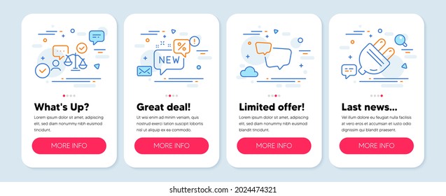 Set Of Business Icons, Such As Speech Bubble, New, Lawyer Symbols. Mobile App Mockup Banners. Electric Plug Line Icons. Chat Message, Discount, Court Judge. Energy. Speech Bubble Icons. Vector