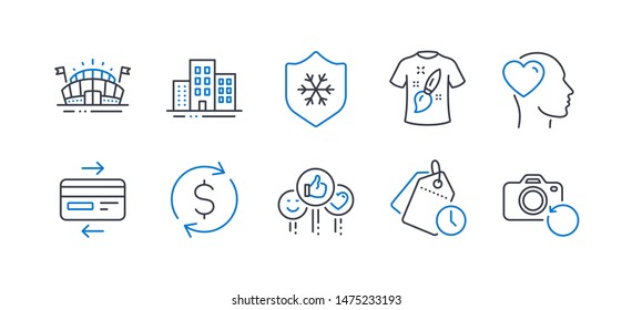 Set of Business icons, such as Sports arena, Time management, Clean skin, Like, Buildings, T-shirt design, Friend, Dollar exchange, Credit card, Recovery photo line icons. Vector