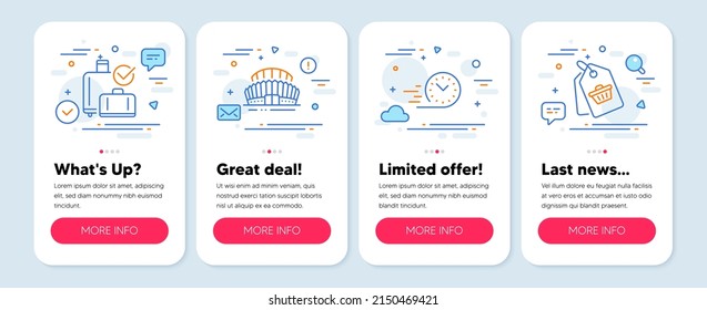 Set of Business icons, such as Sports stadium, Fast delivery, Baggage reclaim symbols. Mobile screen app banners. Sale tag line icons. Championship arena, Stopwatch, Check in bag. Vector