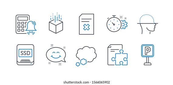 Set of Business icons, such as Ssd, Cogwheel timer, Smile chat, Face scanning, Strategy, Delete file, Talk bubble, Augmented reality, Calculator alarm, Parking line icons. Line ssd icon. Vector