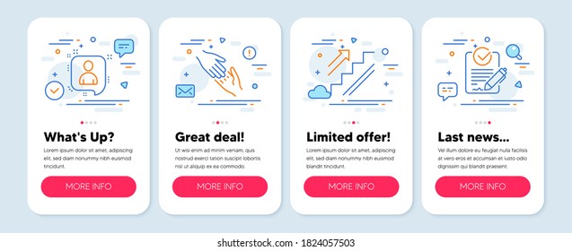 Set of Business icons, such as Stairs, Helping hand, Developers chat symbols. Mobile screen banners. Rfp line icons. Stairway, Give gesture, Manager talk. Request for proposal. Stairs icons. Vector
