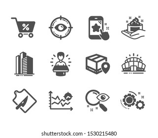 Set of Business icons, such as Star rating, Gears, Special offer, Seo analysis, Skyscraper buildings, Search, Skin care, Cutting board, Eye target, Parcel tracking, Arena stadium. Vector