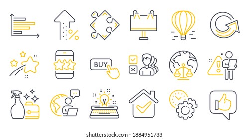 Set of Business icons, such as Star, Cleanser spray, Like symbols. Road banner, Time management, Air balloon signs. Opinion, Strategy, Horizontal chart. Magistrates court, Buy button. Vector