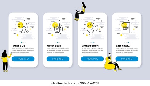 Set of Business icons, such as Stars, Electric app, Coffee beans icons. UI phone app screens with people. Copy documents line symbols. Twinkle stars, Smartphone lantern, Roasted seeds. Vector