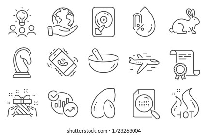 Set of Business icons, such as Statistics, Gift. Diploma, ideas, save planet. Animal tested, Search file, Call center. No alcohol, Airplane, Hot sale. Cooking mix, Peanut, Marketing strategy. Vector
