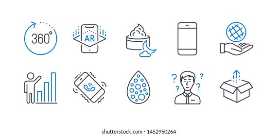 Set of Business icons, such as Support consultant, 360 degrees, Smartphone, Night cream, Augmented reality, Call center, Graph chart, Artificial colors, Safe planet, Send box line icons. Vector