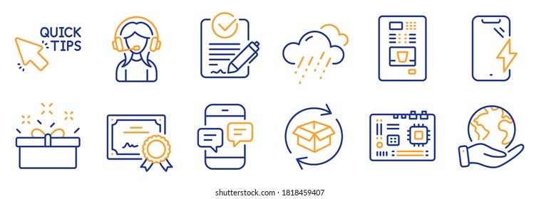 Set of Business icons, such as Support, Phone messages. Certificate, save planet. Return parcel, Smartphone charging, Quick tips. Rfp, Coffee vending, Rainy weather. Vector