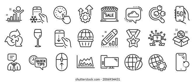 Set of Business icons, such as Support service, Seo gear, Trade chart icons. Quick tips, Chemistry lab, Cloud communication signs. Computer, Smartphone recovery, Globe. Market sale, Sale. Vector
