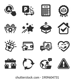 Set of Business icons, such as Surprise boxes, Loyalty program, Graph chart symbols. Ab testing, Justice scales, Love gift signs. Truck parking, Calculator, Yummy smile. Send box, Recycle. Vector