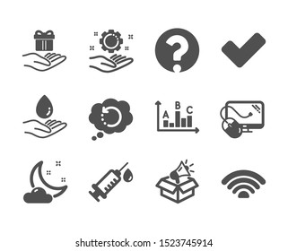 Set of Business icons, such as Survey results, Computer mouse, Night weather, Wifi, Water care, Medical syringe, Employee hand, Tick, Loyalty program, Megaphone box, Question mark. Vector