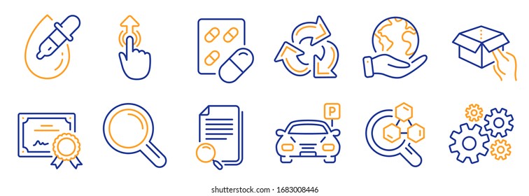 Set of Business icons, such as Swipe up, Hold box. Certificate, save planet. Chemistry lab, Eye drops, Capsule pill. Cogwheel, Parking, Search file. Research, Recycle line icons. Vector