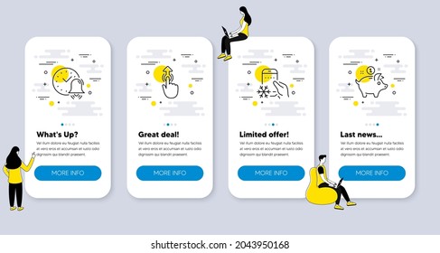 Set of Business icons, such as Swipe up, Alarm bell, Refrigerator app icons. UI phone app screens with people. Saving money line symbols. Touch technology, Time, Fridge application. Piggy bank. Vector