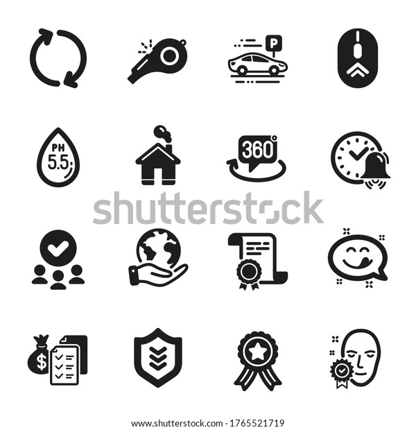 Set of Business\
icons, such as Swipe up, Yummy smile. Certificate, approved group,\
save planet. Refresh, Whistle, 360 degree. Home, Accounting wealth,\
Face verified. Vector