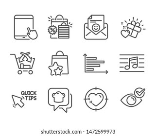 Set of Business icons, such as Tablet pc, Horizontal chart, Quick tips, Smile, Heart target, Cooking hat, Cross sell, Check eye, Loyalty points, Musical note, Shopping bags, Love gift. Vector