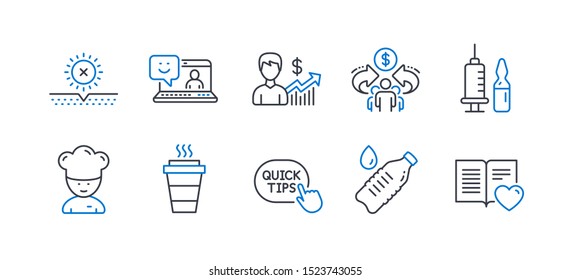 Set of Business icons, such as Takeaway, Smile, Medical vaccination, Water bottle, Cooking chef, No sun, Sharing economy, Quick tips, Business growth, Love book line icons. Line takeaway icon. Vector