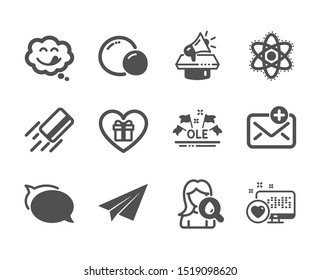 Set of Business icons, such as Talk bubble, Paper plane, Ole chant, Moisturizing cream, Yummy smile, Credit card, Chemistry atom, Megaphone, New mail, Heart, Peas, Romantic gift. Vector