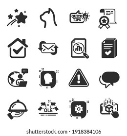 Set of Business icons, such as Talk bubble, Education idea, Head symbols. Pets care, Ole chant, Certificate signs. Restaurant food, Augmented reality, Handout. Analytics graph, Cogwheel. Vector